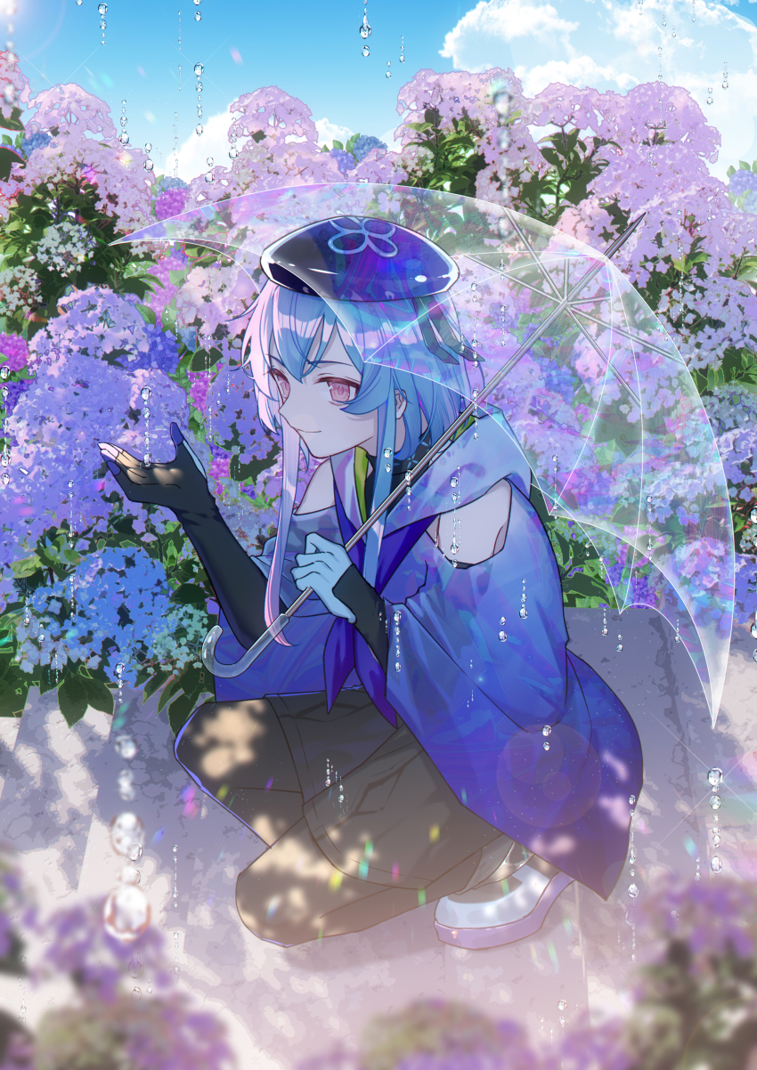 1boy, absurdres, arknights, bare_shoulders, black_gloves, black_pantyhose, black_ribbon, black_shorts, blue_hair, blue_hat, blue_jacket, blue_neckerchief, blue_sky, day, elbow_gloves, flower, gloves, hair_ribbon, hat, highres, holding, holding_umbrella, jacket, kirina_zero, kneeling, male_focus, mizuki_(arknights), multicolored_hair, neckerchief, open_hand, outdoors, pantyhose, pantyhose_under_shorts, pink_eyes, pink_flower, rain, ribbon, short_hair_with_long_locks, shorts, sky, solo, streaked_hair, transparent, transparent_umbrella, trap, umbrella