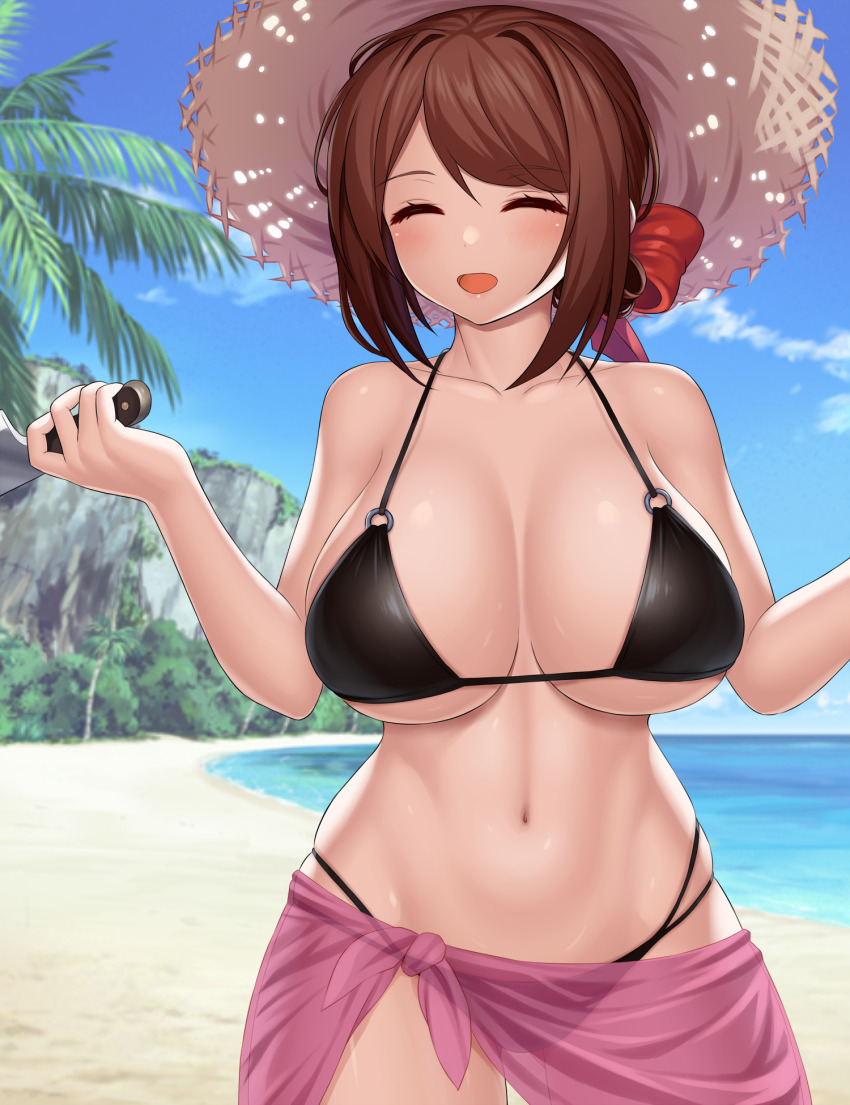 1girl, asamura_hiori, beach, bikini, black_bikini, breasts, breasts_apart, brown_hair