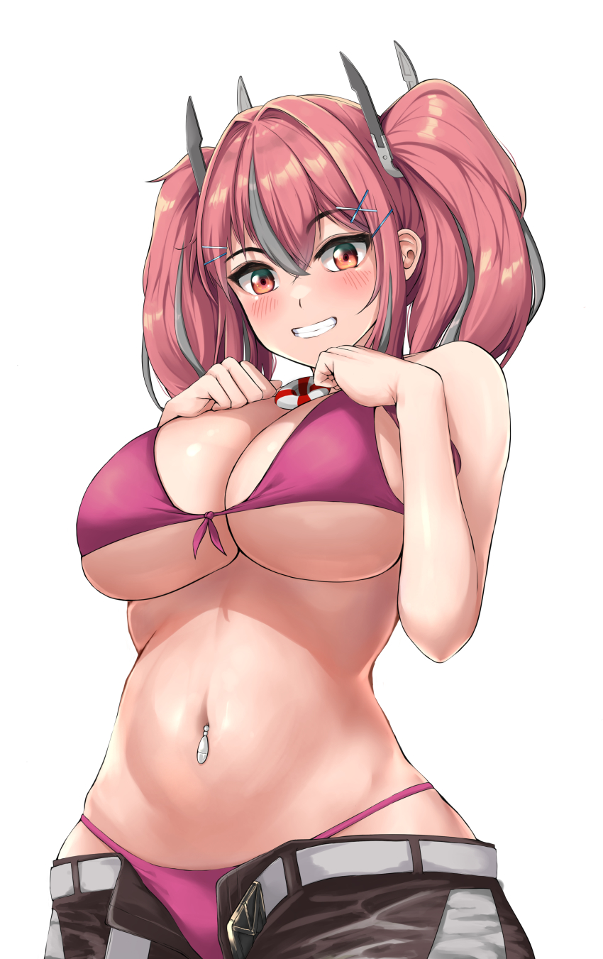 1girl, absurdres, azur_lane, belt, bikini, blush, breast_suppress, breasts