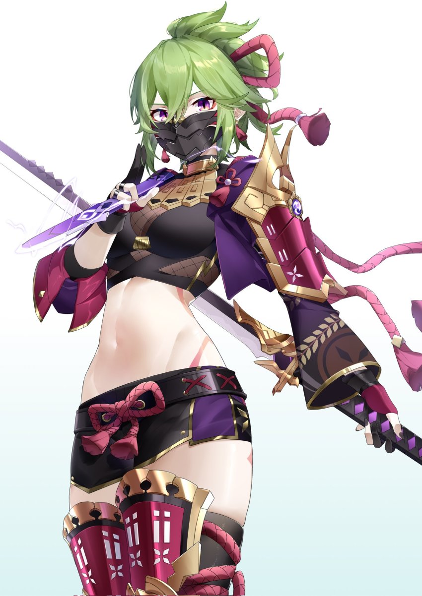 1girl, amenoma_kageuchi_(genshin_impact), armor, body_markings, breasts, crop_top, cropped_jacket, dagger, earrings, electricity, fishnet_top, fishnets, genshin_impact, gloves, gold_trim, green_hair, hair_between_eyes, hair_ornament, hand_up, highres, holding, holding_behind_back, holding_dagger, holding_knife, holding_sword, holding_sword_behind_back, holding_weapon, holding_weapon_behind_back, jacket, jewelry, kaokamizz, knife, kuji-in, kuki_shinobu, leg_armor, looking_at_viewer, mask, medium_breasts, midriff, mouth_mask, navel, ninja, ninja_mask, partially_fingerless_gloves, ponytail, purple_eyes, purple_jacket, reverse_grip, rope, shimenawa, short_ponytail, short_shorts, shorts, shoulder_armor, simple_background, solo, stomach, sword, tassel, tassel_earrings, thighhighs, thighs, vision_(genshin_impact), weapon, white_background, wide_sleeves