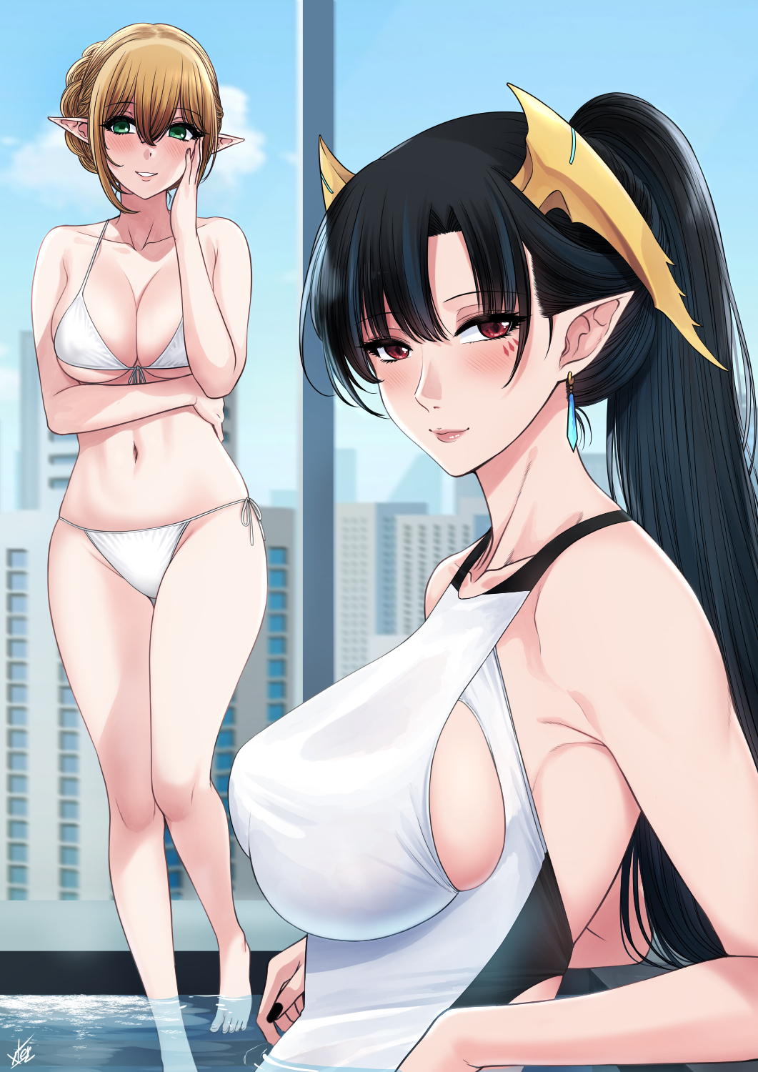 2girls, bikini, black_hair, blush, braid, breasts, cleavage, earrings