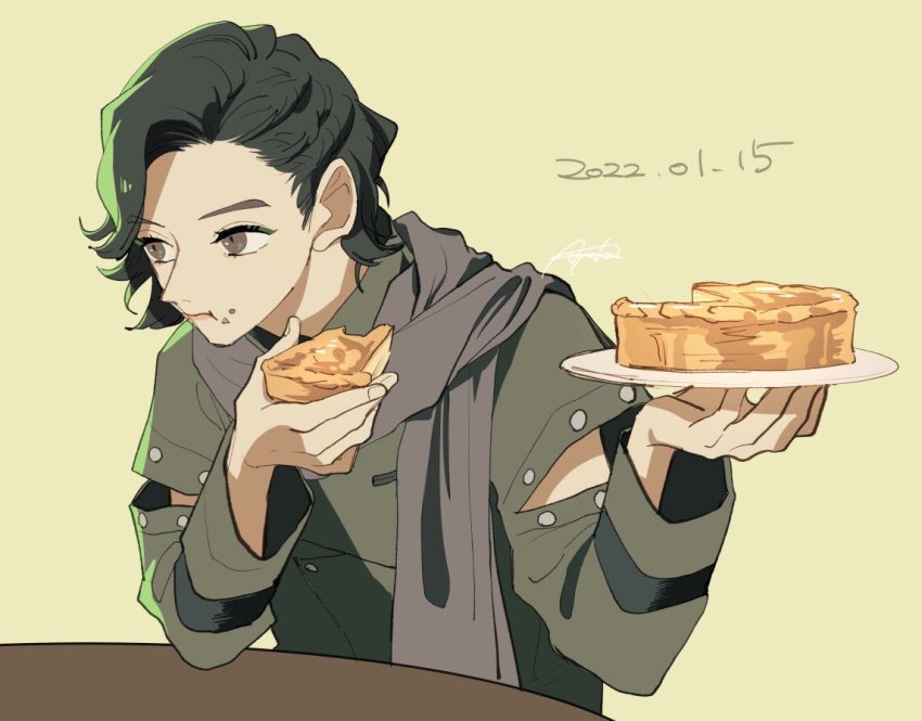 1boy, apple_pie, artist_name, brown_eyes, coat, dated, dessert, food