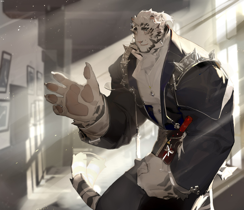 1boy, alternate_costume, animal_ears, arknights, bad_anatomy, bara, blush, book