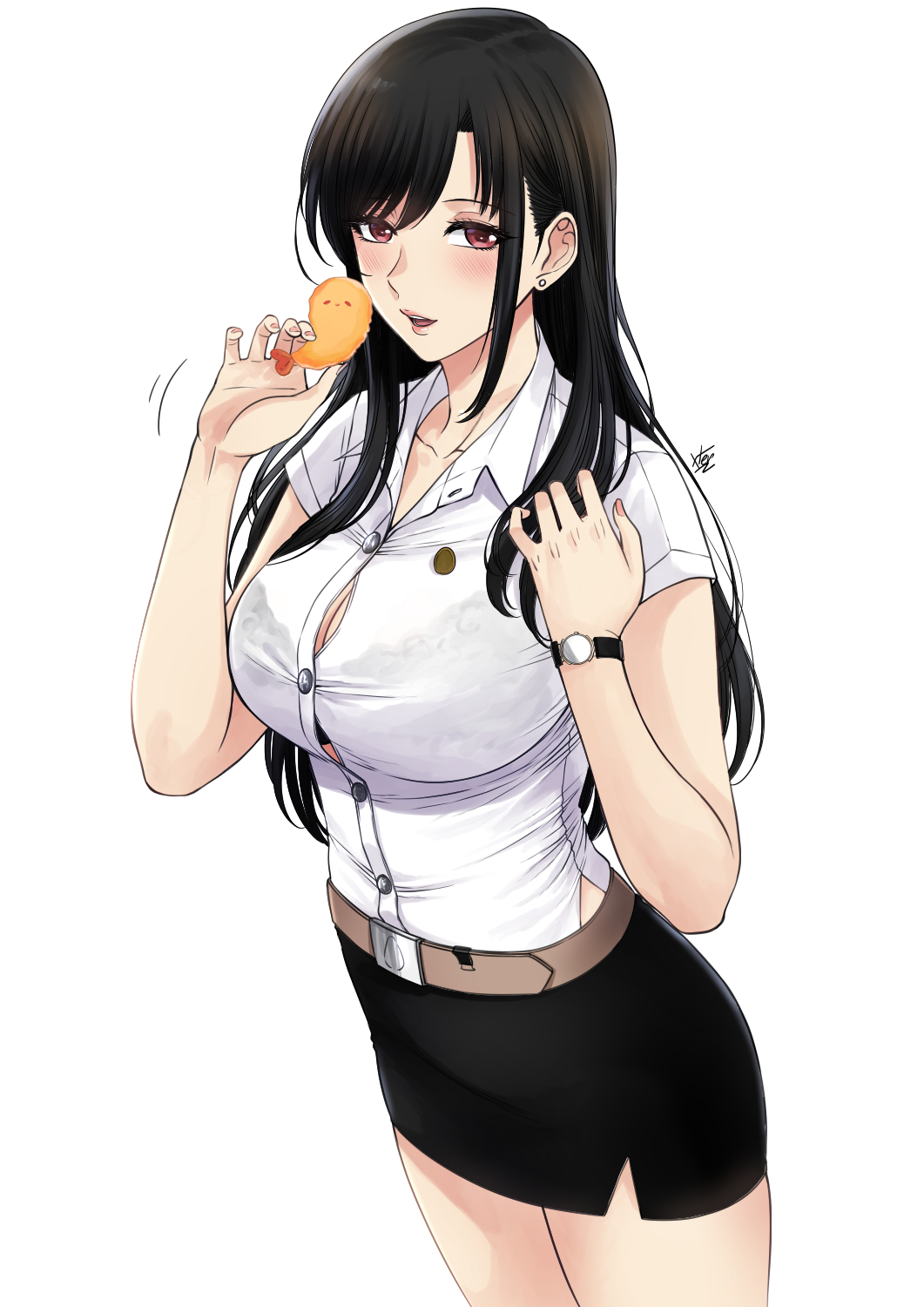 1girl, belt, black_hair, black_skirt, blush, breasts, buttons, cleavage