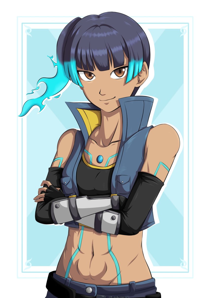 abs, absurdres, arm_guards, blue_fire, blue_hair, brown_eyes, chest_jewel, crossed_arms