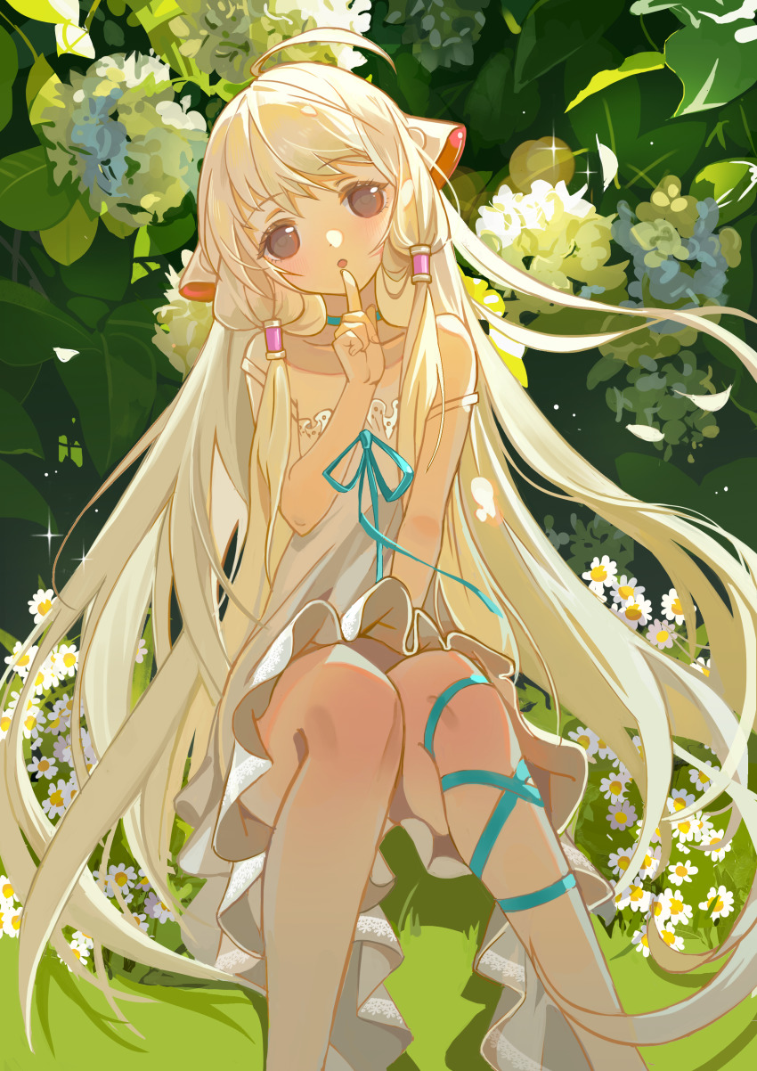 1girl, absurdres, ahoge, bare_shoulders, blue_ribbon, brown_eyes, chii, chobits