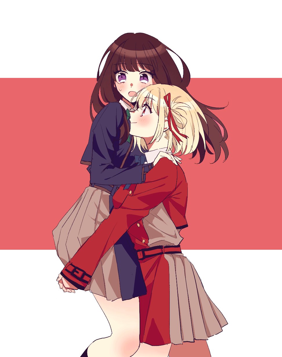 2girls, blonde_hair, blue_jacket, blush, brown_hair, carrying, carrying_person, dress