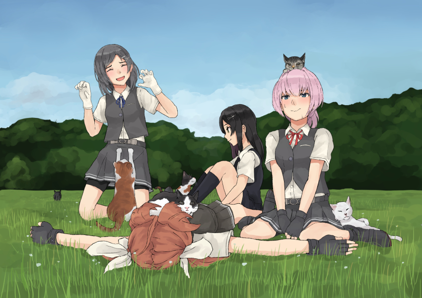 4girls, animal, animal_on_head, bike_shorts, black_gloves, black_hair, black_skirt, black_vest
