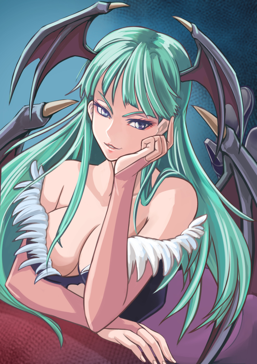 1girl, bare_shoulders, bat_wings, black_boots, boots, breasts, bridal_gauntlets, cleavage, commentary, darkstalkers, eyeshadow, feather_trim, fingernails, green_hair, hair_over_breasts, hair_over_one_breast, hand_on_own_cheek, hand_on_own_face, head_rest, head_wings, high_heel_boots, high_heels, highres, kakato, long_hair, looking_at_viewer, lying, makeup, morrigan_aensland, parted_lips, smile, solo, wings