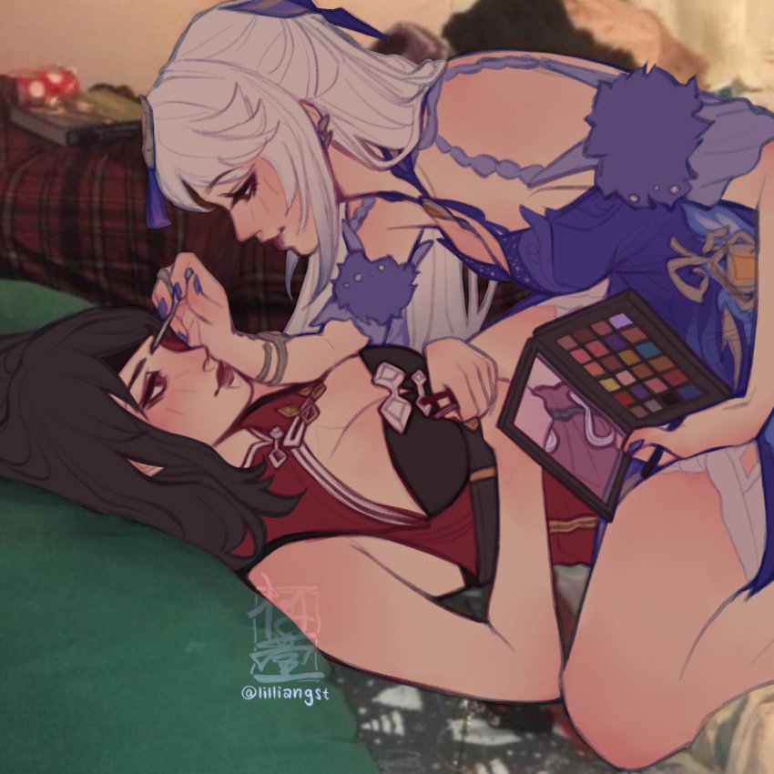 2girls, applying_another's_makeup, applying_makeup, beidou_(genshin_impact), black_hair, blue_nails, blush, breasts