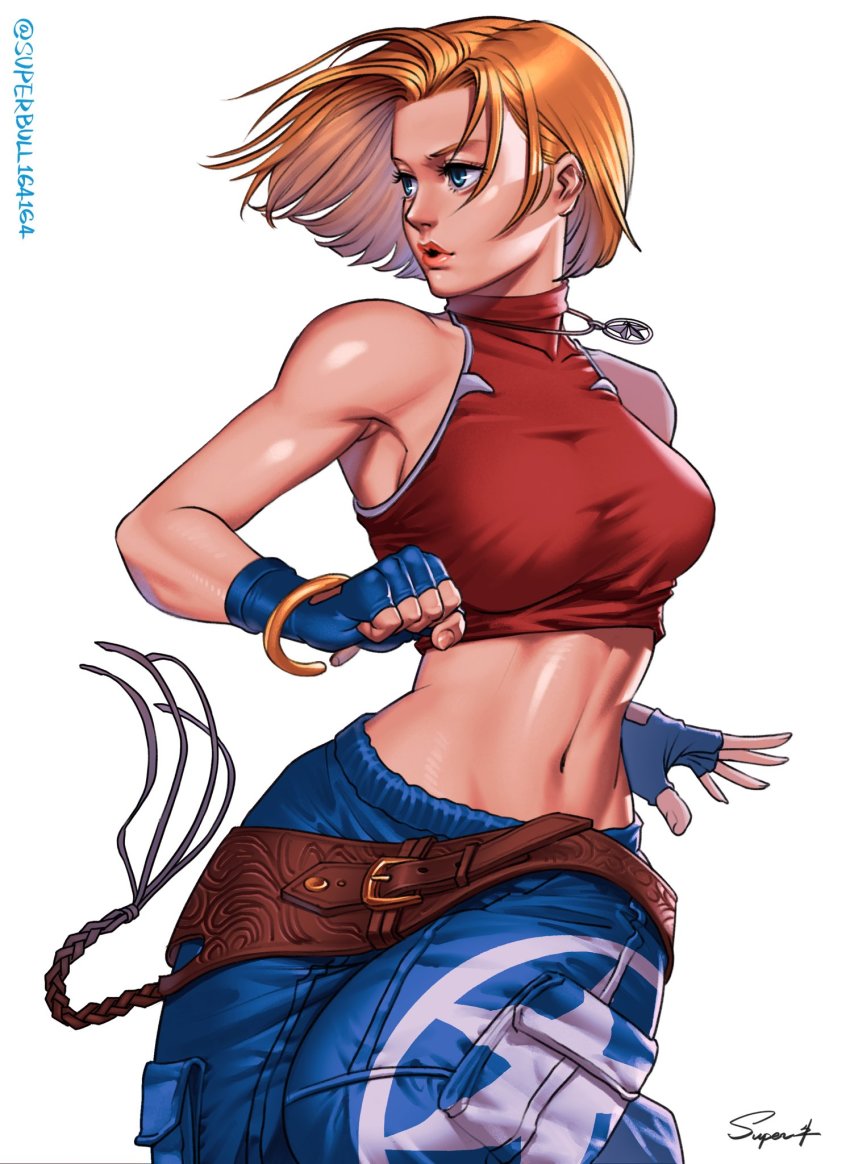 1girl, baggy_pants, belt, black_gloves, blonde_hair, blue_eyes, blue_mary, blue_pants