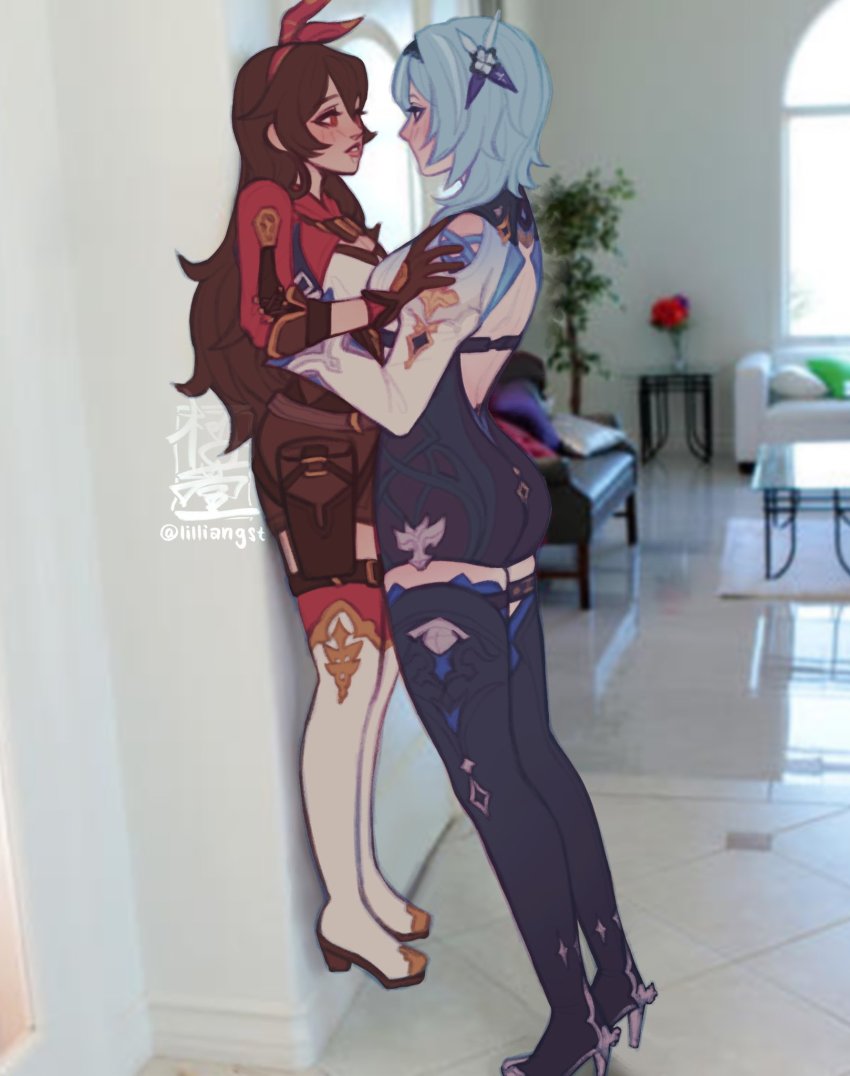 2girls, against_wall, amber_(genshin_impact), blue_hair, blush, brown_gloves, brown_hair, eula_(genshin_impact), genshin_impact, gloves, hair_ribbon, hand_on_another's_shoulder, highres, indoors, lauren_phillips_lifting_alice_merchesi_(meme), lifting_person, lilliangst, long_hair, medium_hair, meme, multiple_girls, parted_lips, photo-referenced, red_ribbon, ribbon, twitter_username, yuri