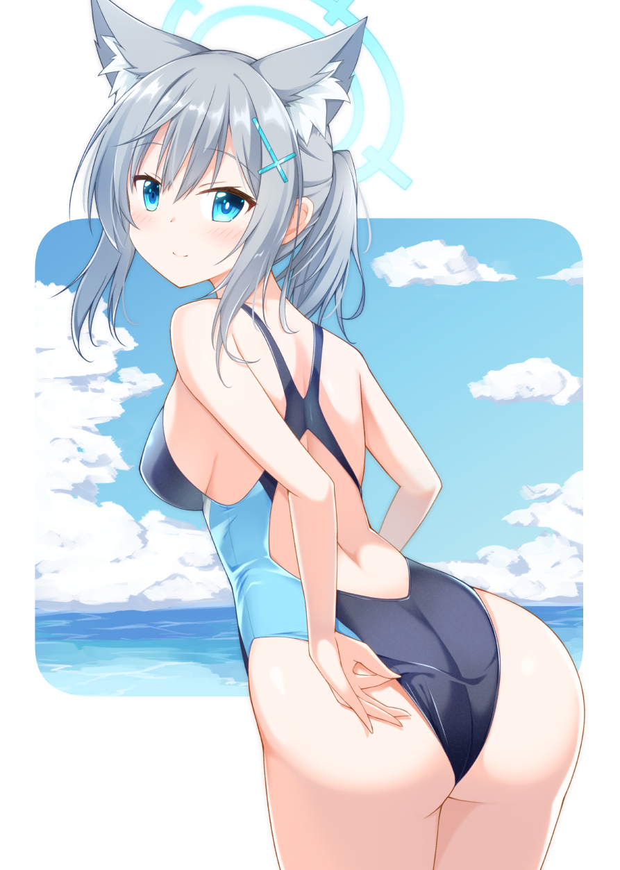 1girl, adjusting_clothes, adjusting_swimsuit, animal_ear_fluff, animal_ears, ass, black_one-piece_swimsuit, blue_archive, blue_eyes, blue_sky, breasts, cloud, commentary_request, competition_swimsuit, cross_hair_ornament, extra_ears, from_behind, grey_hair, hair_ornament, halo, highres, horizon, looking_at_viewer, looking_back, low_ponytail, medium_breasts, medium_hair, mismatched_pupils, mizuki_(kogetsu-tei), multicolored_swimsuit, ocean, one-piece_swimsuit, ponytail, shiroko_(blue_archive), shiroko_(swimsuit)_(blue_archive), sky, solo, swimsuit
