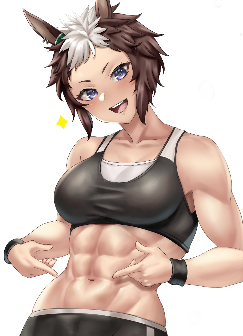 1girl, :d, abs, absurdres, animal_ears, bare_shoulders, black_shorts, black_sports_bra