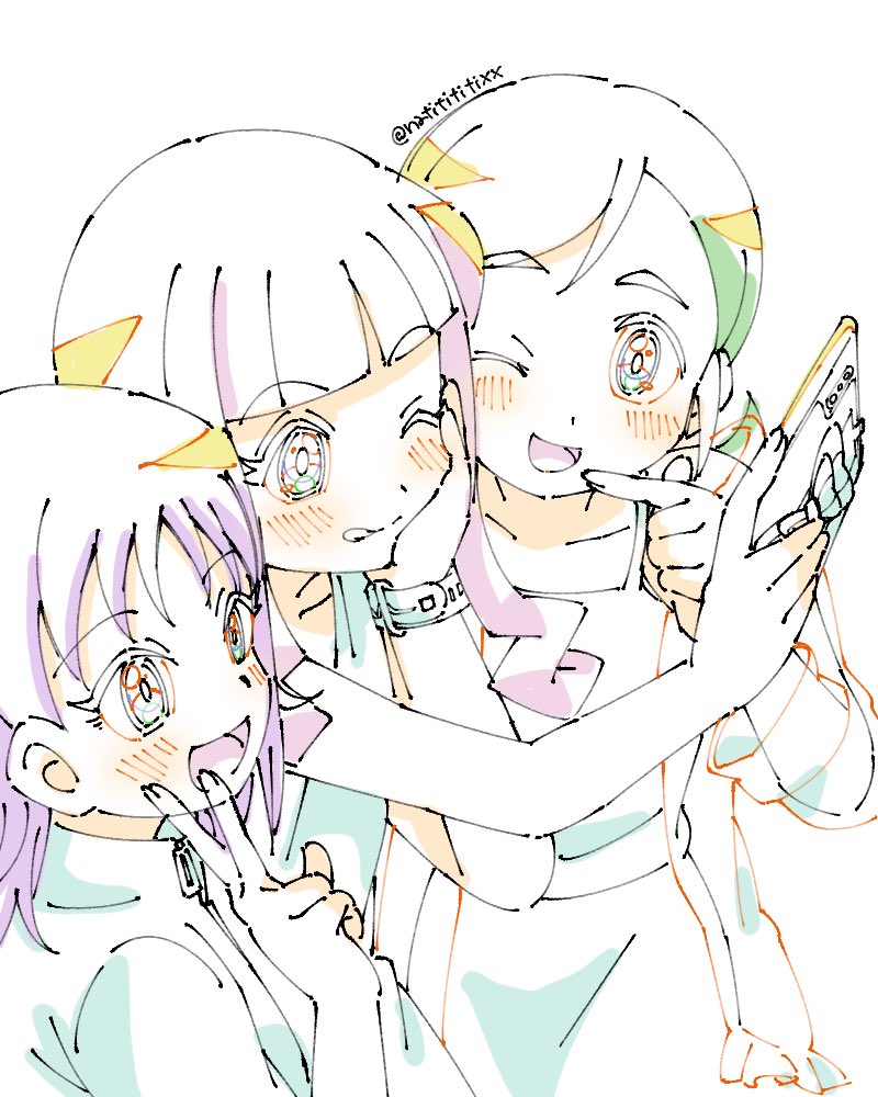 3girls, blush, digimon, happy, kashiwagi_mika, long_hair, multiple_girls, one_eye_closed