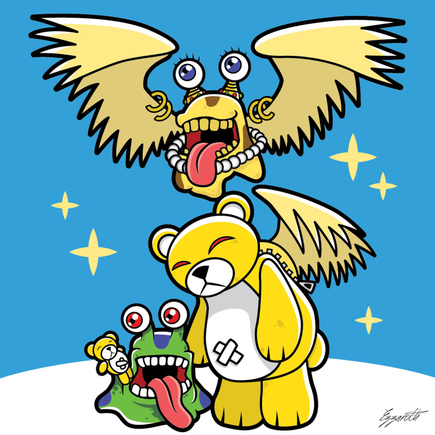 digimon, doll, evolution, goldnumemon, highres, monzaemon, numemon, red_eyes, stuffed_animal, stuffed_toy, teddy_bear, tongue, tongue_out, wings, zipper