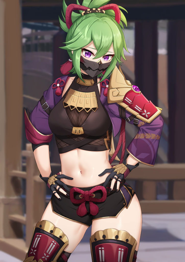 1girl, armor, black_gloves, black_nails, black_shorts, blurry, blurry_background, breasts