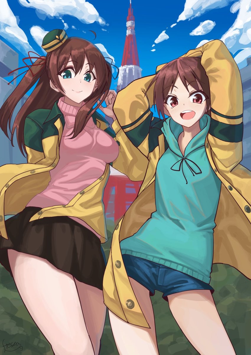 2girls, arms_up, breasts, fiesta_(fiesta303), go!_go!_nippon!, go!_go!_nippon!_~my_first_trip_to_japan~, highres, hood