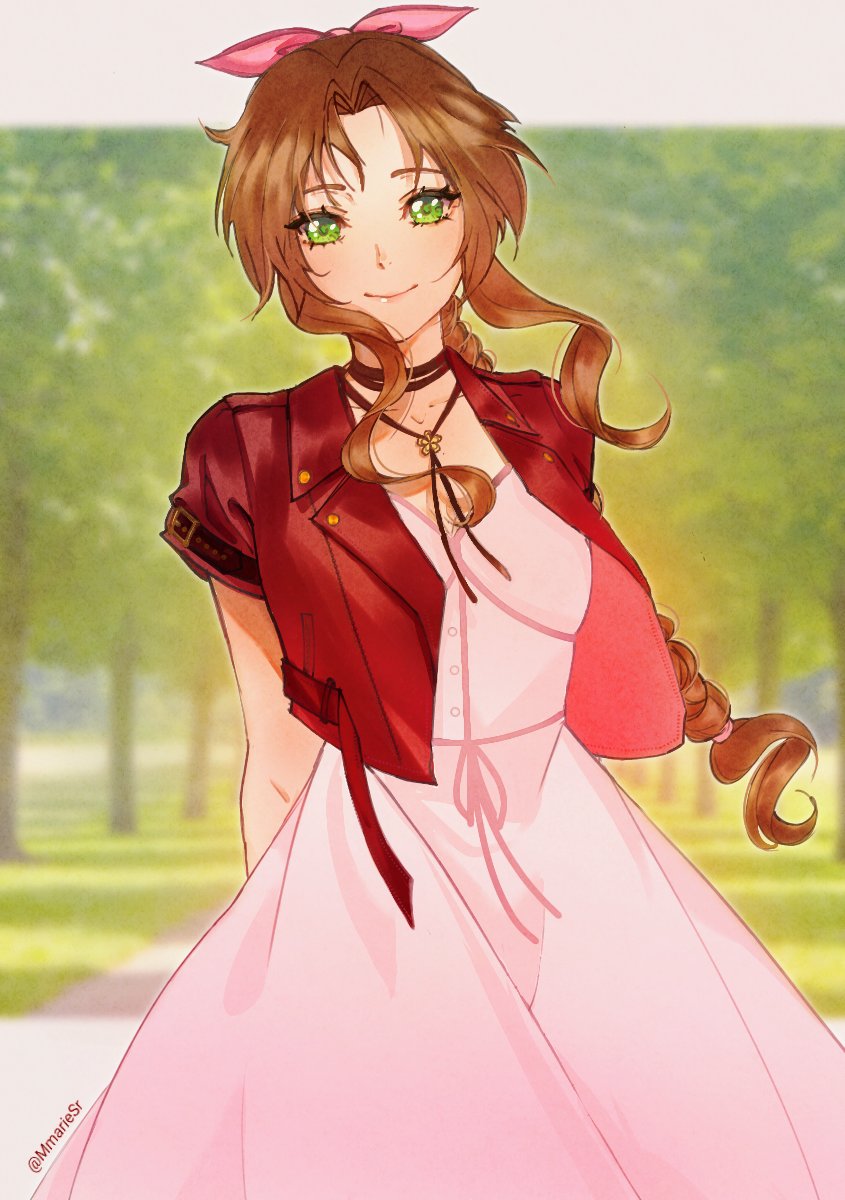 1girl, aerith_gainsborough, arms_behind_back, braid, braided_ponytail, breasts, brown_hair, choker, cropped_jacket, dress, final_fantasy, final_fantasy_vii, final_fantasy_vii_remake, flower_choker, forest, green_eyes, hair_ribbon, highres, jacket, letterboxed, long_hair, looking_at_viewer, medium_breasts, mmariesr, nature, parted_bangs, pink_dress, pink_ribbon, red_jacket, ribbon, short_sleeves, sidelocks, sleeping_forest, smile, solo, square_enix, tree, upper_body, wavy_hair