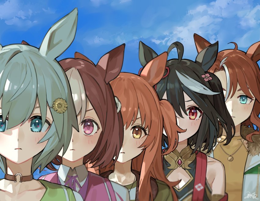 5girls, ahoge, animal_ears, black_hair, blue_eyes, brown_eyes, brown_hair, collar