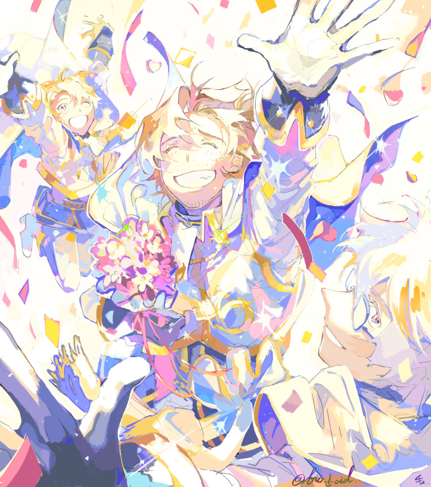 3boys, absurdres, bio_l_oid, blonde_hair, bouquet, brown_hair, closed_eyes, colorful