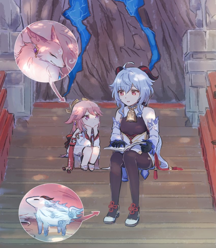 2girls, aged_down, ahoge, animal_ears, bare_shoulders, bell, black_gloves, black_pantyhose