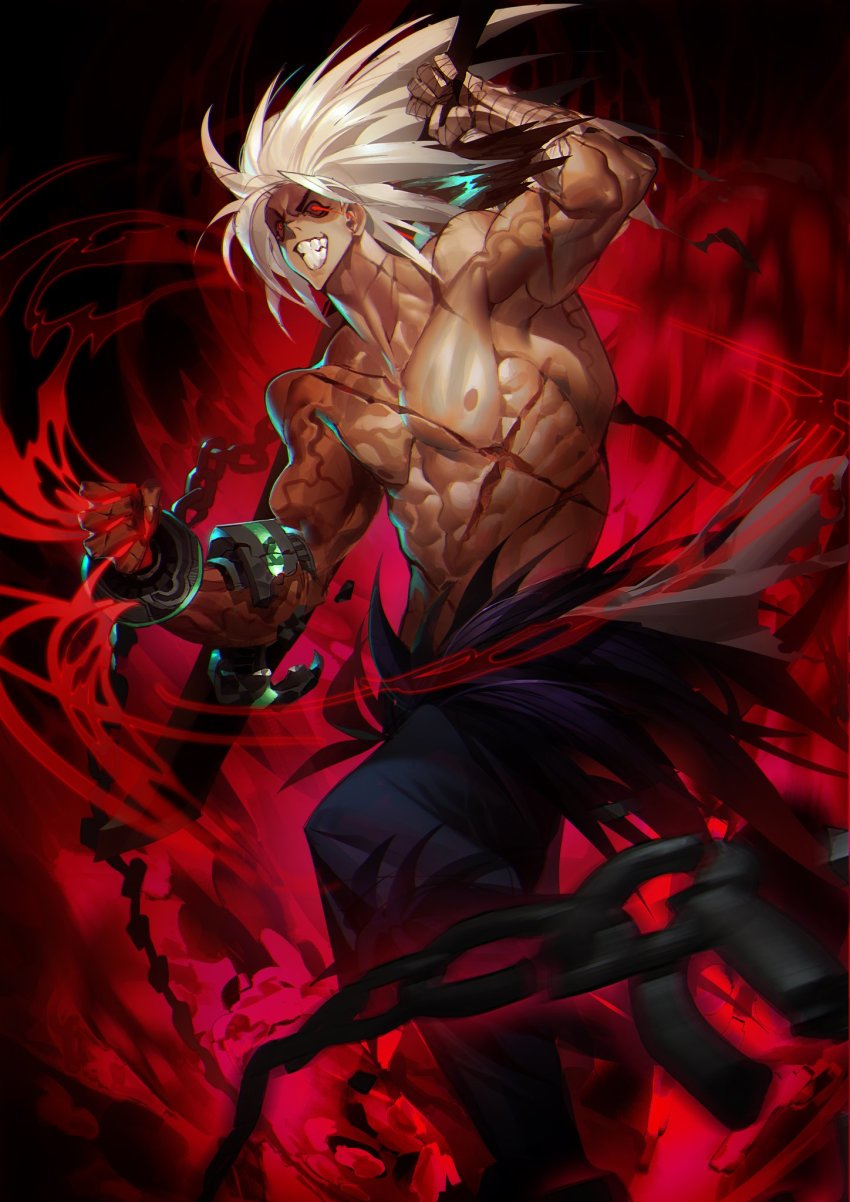 1boy, arm_up, bandaged_arm, bandaged_hand, bandages, berserker_(dungeon_and_fighter), blood, bracelet