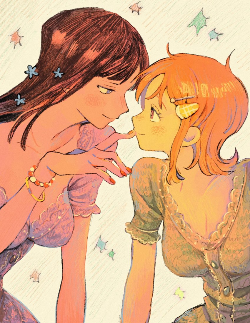 2girls, black_hair, blue_eyes, bracelet, collarbone, commentary_request, finger_to_another's_mouth, hair_ornament