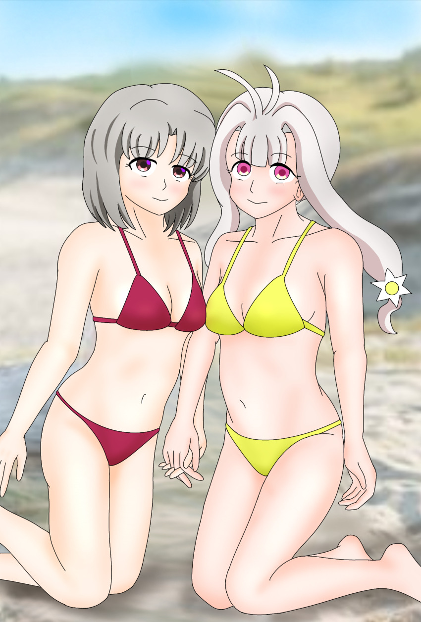 2girls, bikini, breasts, grey_hair, highres, multiple_girls, red_bikini, standing_on_knees
