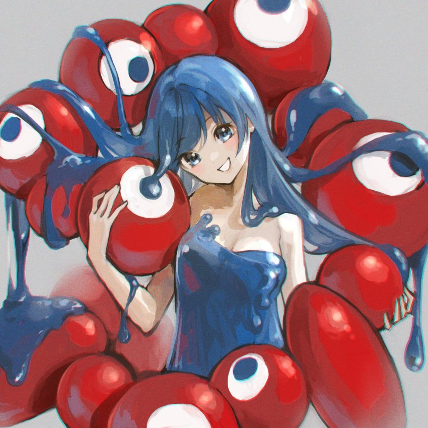 blue_dress, blue_eyes, blue_hair, breasts, cleavage, creature, dress, eldritch_abomination