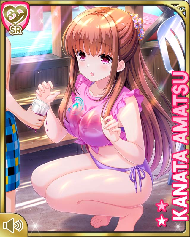 1girl, :o, amatsu_kanata, bare_arms, bare_legs, barefoot, beach, brown_hair