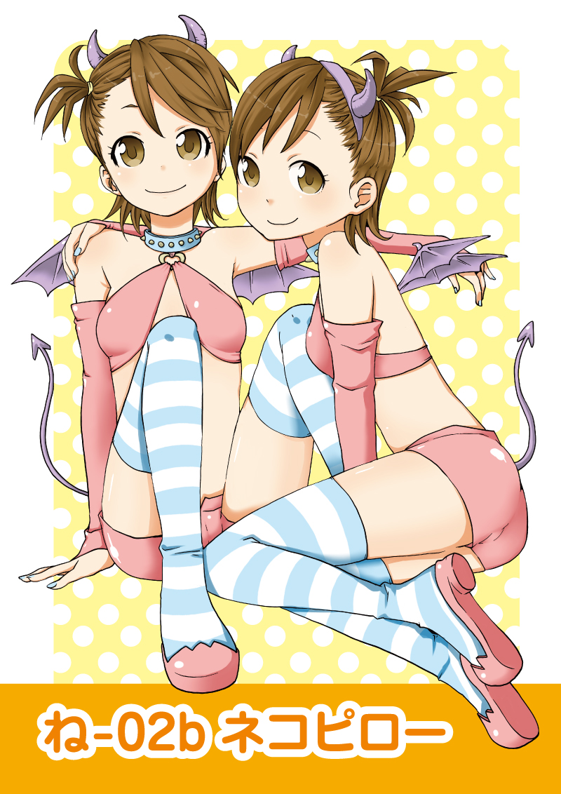 2girls, bad_id, bad_pixiv_id, bat_wings, demon_girl, elbow_gloves, futami_ami, futami_mami
