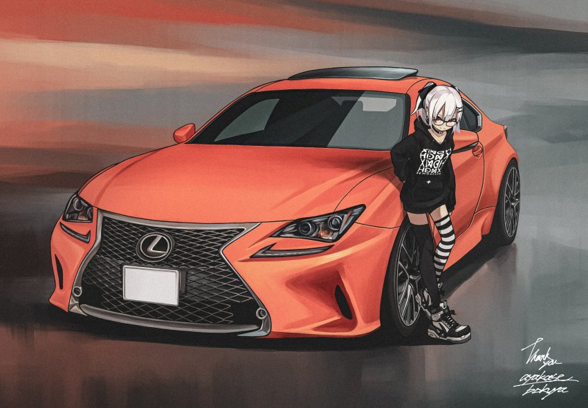 1girl, absurdres, asymmetrical_legwear, black_choker, black_hoodie, black_ribbon, black_shorts, bokuya