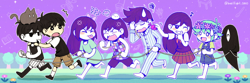 >_<, 2girls, 5boys, anger_vein, animal, aubrey_(headspace)_(omori), aubrey_(omori), barefoot, basil_(headspace)_(omori), basil_(omori), beetle, black_cat, black_eyes, black_fur, black_hair, bow, bug, cat, closed_mouth, colored_skin, facepalm, green_eyes, hair_bow, hector_(rock)_(omori), hero_(headspace)_(omori), hero_(omori), index_finger_raised, insect, kel_(headspace)_(omori), kel_(omori), long_hair, looking_at_another, mari_(headspace)_(omori), mari_(omori), mewo, miya_(baelfight), multiple_boys, multiple_girls, omori, omori_(omori), one_eye_closed, open_mouth, over-kneehighs, pink_bow, rhinoceros_beetle, rock, short_hair, socks, something_(omori), sunny_(omori), sweatdrop, thighhighs, tongue, tongue_out, twitter_username, white_skin