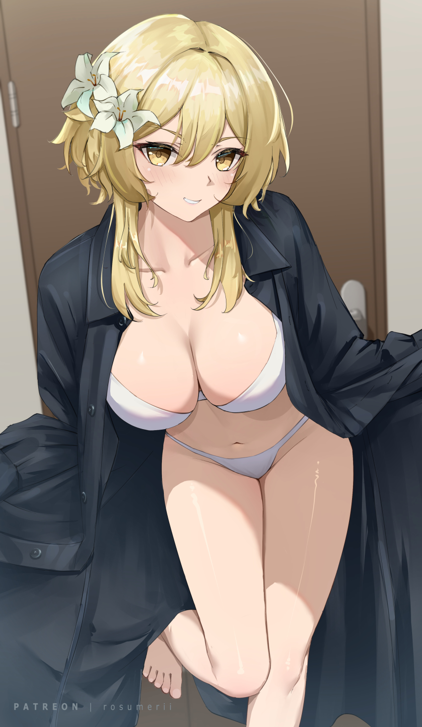 1girl, absurdres, bikini, black_coat, blonde_hair, breasts, cleavage, coat, door, flower, genshin_impact, grin, hair_flower, hair_ornament, highres, indoors, large_breasts, leaning_forward, looking_at_viewer, lumine_(genshin_impact), rosumerii, short_hair_with_long_locks, sidelocks, smile, standing, standing_on_one_leg, swimsuit, thighs, trench_coat, white_bikini, yellow_eyes