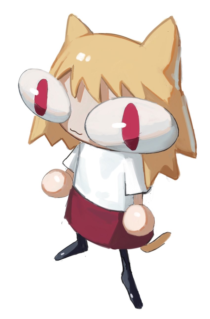 1girl, :3, animal_ears, cat_ears, cat_girl, cat_tail, chibi, full_body, highres, long_sleeves, medium_hair, melty_blood, neco-arc, orange_hair, potatomochii, red_hair, shirt, simple_background, skirt, slit_pupils, solo, standing, tail, tsukihime, white_background, white_shirt