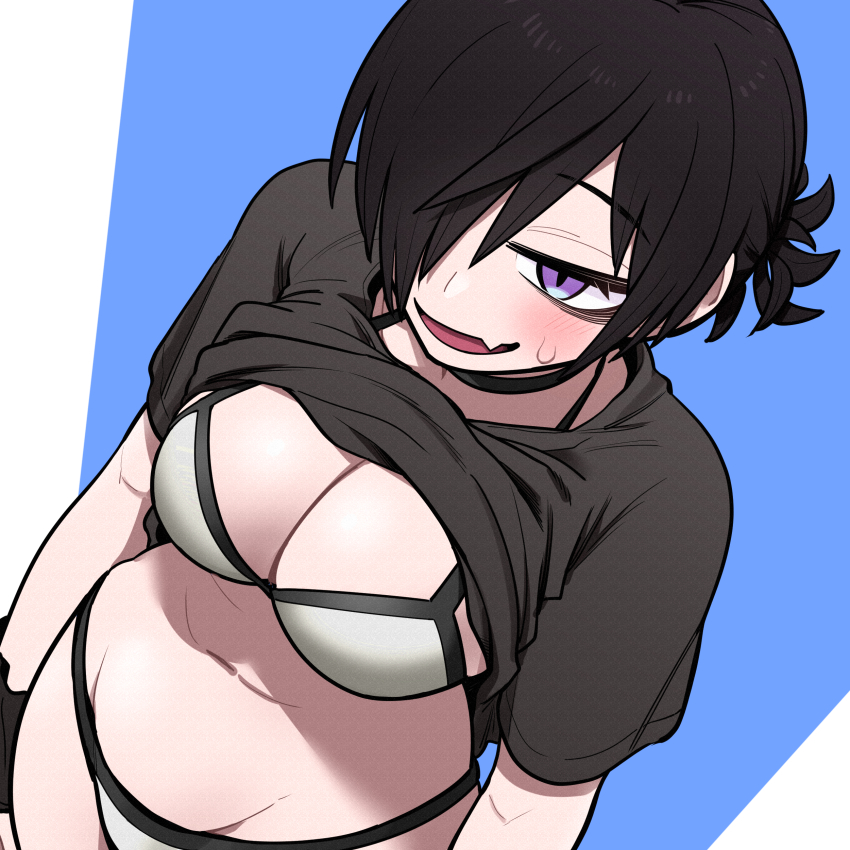 absurdres, bags_under_eyes, bikini, bikini_under_clothes, black_hair, blue_background, borrowed_character, breasts, choker, cleavage, clothes_lift, cowboy_shot, dutch_angle, eyelashes, fang, hair_between_eyes, hair_over_one_eye, highres, kanke_(kank06020602), large_breasts, naganuma-san, navel, original, purple_eyes, shirt_lift, short_hair, skin_fang, sweatdrop, swimsuit, white_background