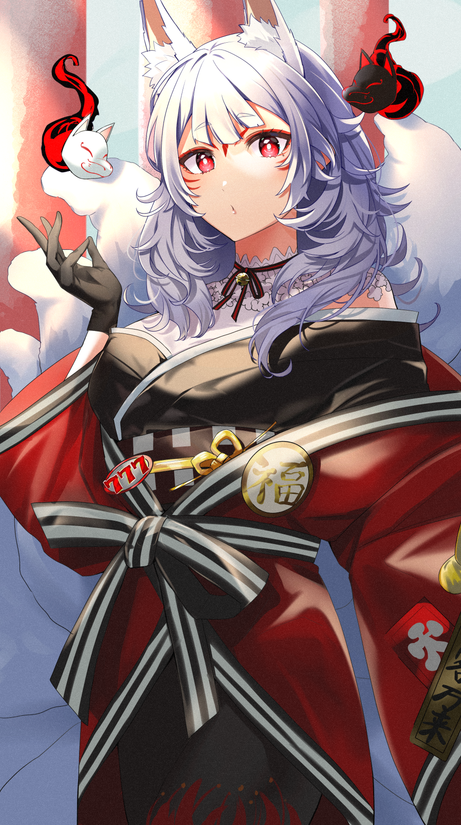 1girl, :o, animal_ear_fluff, animal_ears, bell, black_gloves, black_kimono, blunt_bangs