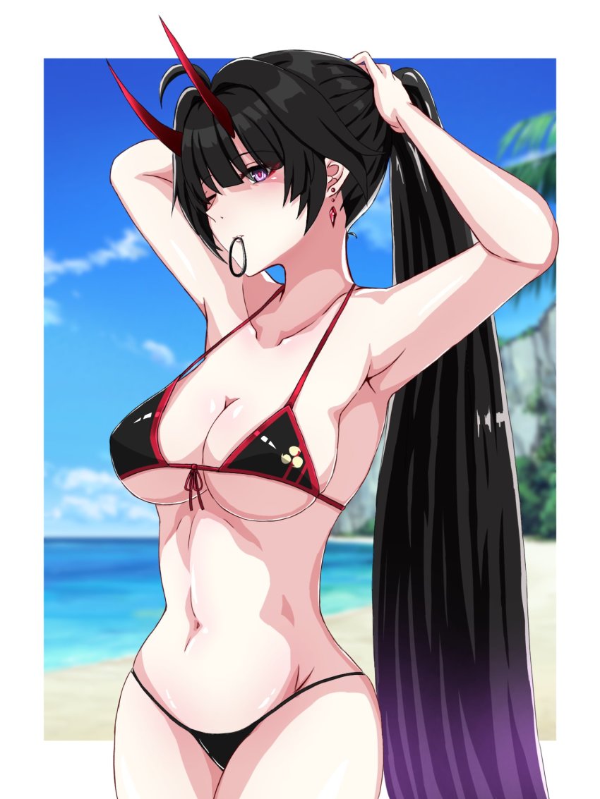 1girl, adjusting_hair, alternate_hair_color, armpits, arms_up, beach, bikini, black_bikini, black_hair, blue_sky, breasts, cleavage, closed_mouth, cloud, cloudy_sky, earrings, highres, honkai_(series), honkai_impact_3rd, horns, jewelry, long_hair, looking_at_viewer, mordrex_art, navel, one_eye_closed, ponytail, purple_eyes, raiden_mei, raiden_mei_(herrscher_of_thunder), sand, sky, solo, swimsuit, water