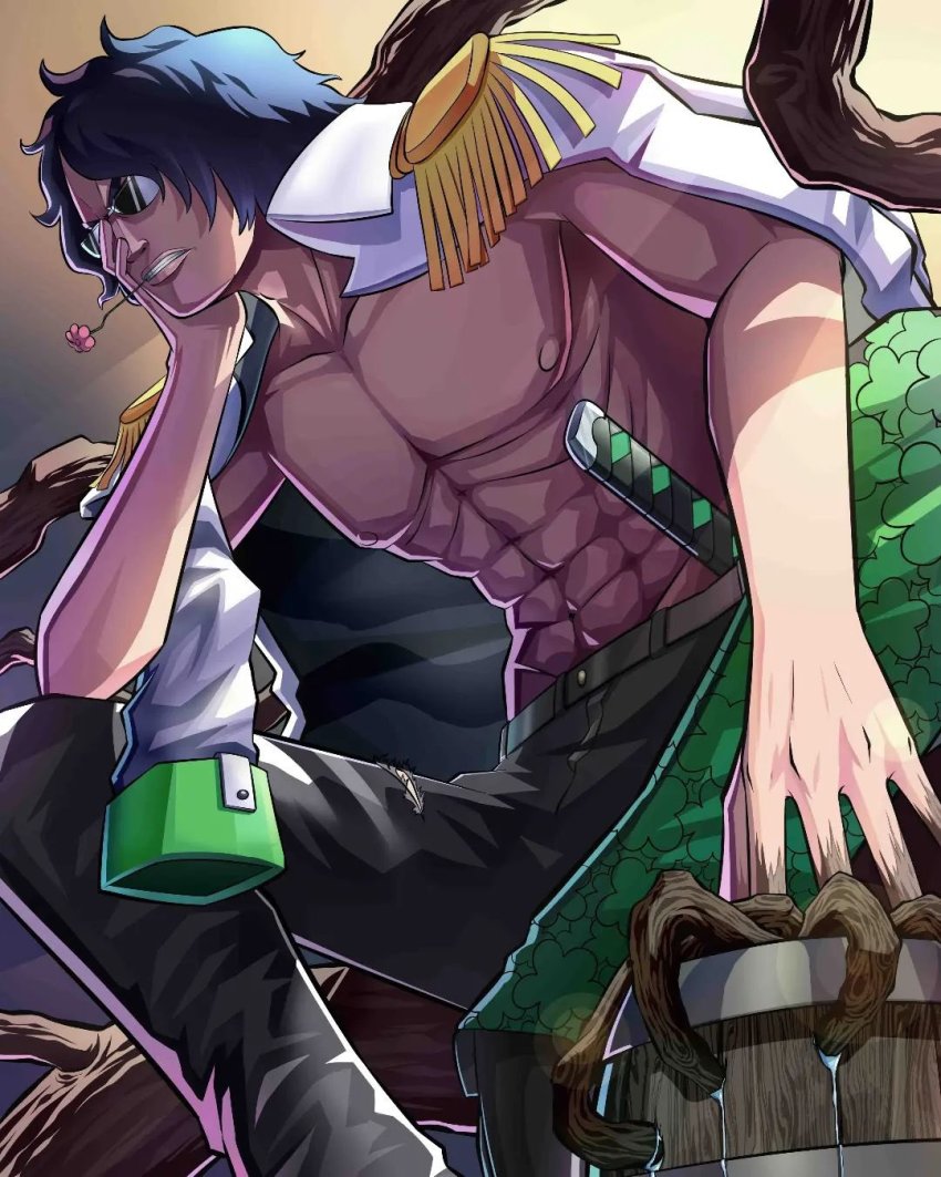 1boy, abs, artist_request, body_writing, bottle, character_name, devil_fruit, facial_hair