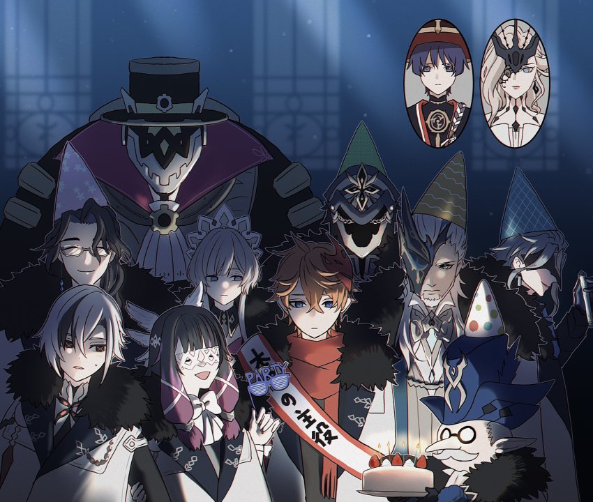 4girls, 6+boys, arlecchino_(genshin_impact), birthday_cake, cake, capitano_(genshin_impact), closed_eyes, columbina_(genshin_impact)