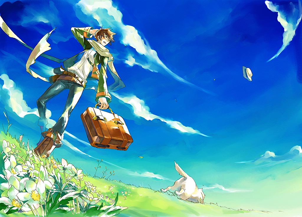 1boy, arm_behind_head, belt, day, denim, dog, dutch_angle, field