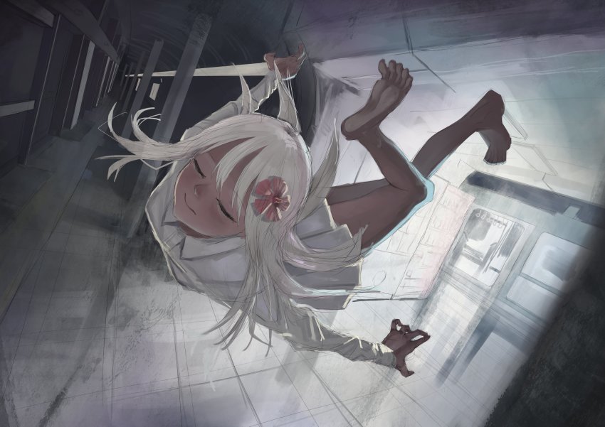 1girl, absurdres, alternate_costume, barefoot, blonde_hair, closed_eyes, floating, flower, hair_flower, hair_ornament, highres, indoors, kantai_collection, long_hair, long_sleeves, miniskirt, pleated_skirt, ro-500_(kancolle), shirt, skirt, smile, solo, tan, waki_waki_a, white_shirt, white_skirt