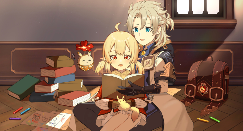 1bitheart, 1girl, :d, absurdres, ahoge, albedo_(genshin_impact), backpack, bag