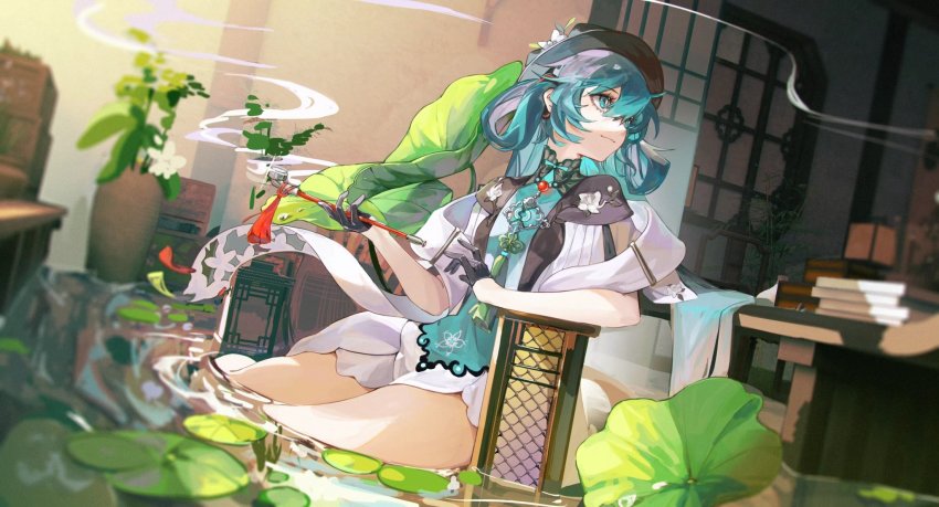 1girl, aqua_bow, aqua_bowtie, aqua_eyes, aqua_hair, bamboo, beads, black_gloves, black_hat, blurry, book, book_stack, bow, bowtie, cabinet, chair, depth_of_field, dress, dutch_angle, earrings, flood, floral_print, flower, gloves, hair_between_eyes, hair_ornament, hair_rings, half_gloves, hat, hat_flower, hatsune_miku, hatsune_miku_(miku_with_you_2021), highres, holding, holding_smoking_pipe, indoors, jewelry, kiseru, lantern, lattice, leaf, leaning_to_the_side, lily_pad, long_hair, looking_away, looking_back, looking_to_the_side, miku_with_you_(vocaloid), on_floor, partially_submerged, pendant, pond, shallow_water, shawl, short_dress, short_sleeves, sitting, smile, smoking_pipe, solo, table, tassel, vase, vocaloid, water, white_flower, wide_sleeves, window, wooden_table, yokozuwari, z3zz4