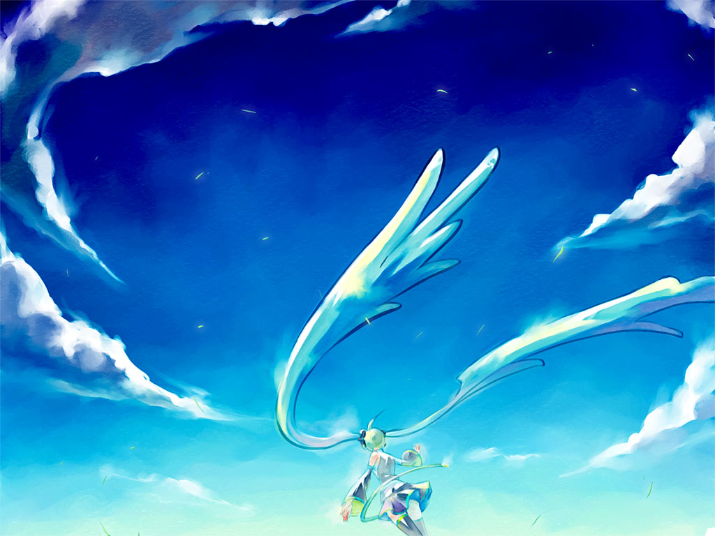 1girl, ahoge, aqua_hair, aqua_theme, blue_theme, cloud, day, detached_sleeves