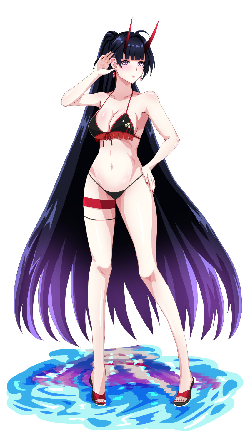 1girl, absurdres, ahoge, bikini, black_bikini, breasts, cleavage, earrings, full_body, hand_on_own_hip, highres, honkai_(series), honkai_impact_3rd, horns, jewelry, long_hair, long_sleeves, looking_at_viewer, mordrex_art, nail_polish, navel, ponytail, purple_eyes, raiden_mei, raiden_mei_(herrscher_of_thunder), red_nails, sandals, shirt, simple_background, solo, standing, swimsuit, toenail_polish, toenails, transparent_background, white_background, white_shirt