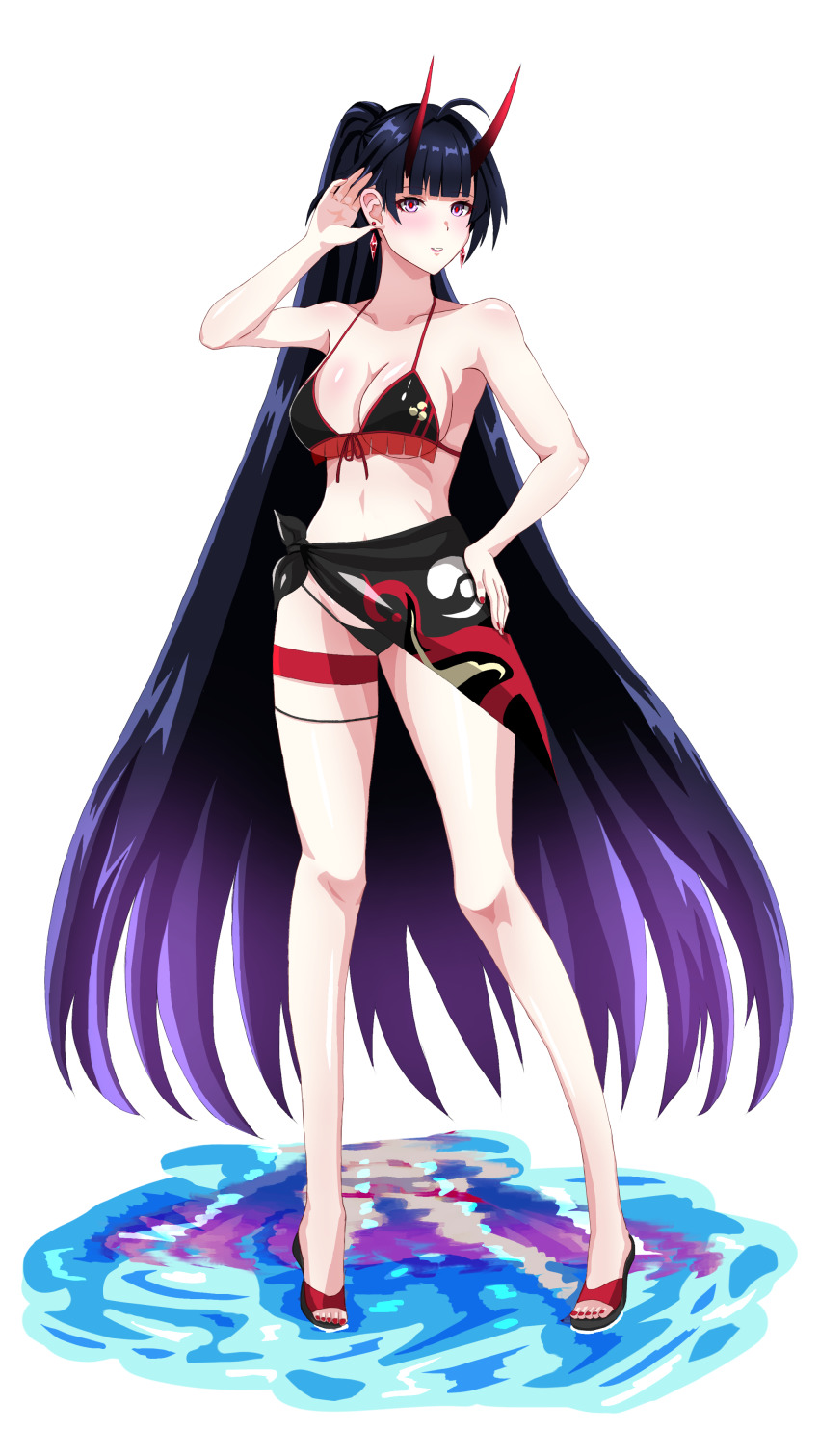 1girl, absurdres, ahoge, bikini, black_bikini, breasts, cleavage, earrings
