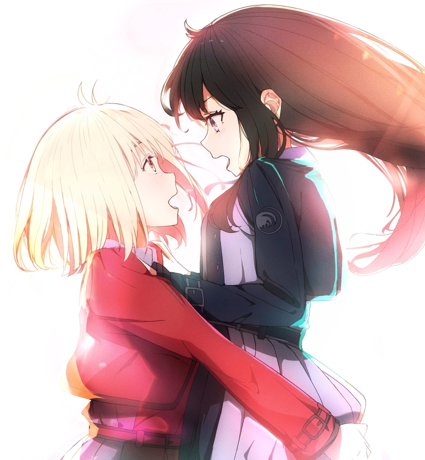 2girls, black_hair, blonde_hair, blue_eyes, breasts, carrying, carrying_person, dress