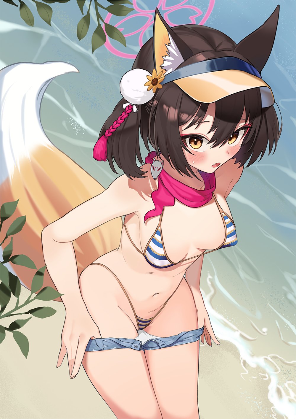 1girl, animal_ears, beach, bikini, blue_archive, brown_hair, clothes_pull, cowboy_shot